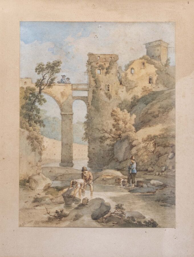 Claude I THIENON (1772-1846) - Paysage au pont et à la rivière - Aquarelle, sig…