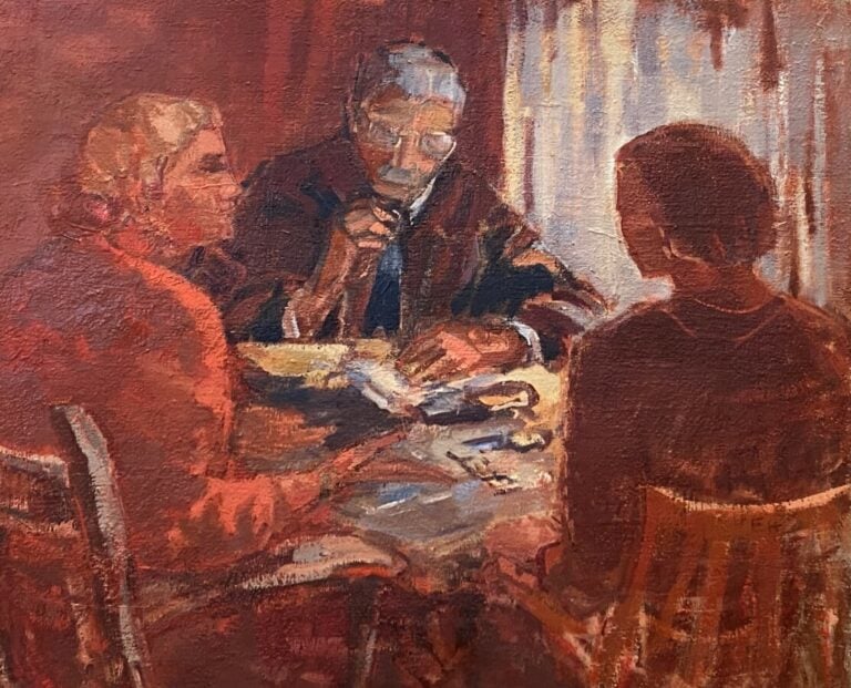 Conférence au sommet - Huile sur toile, titrée au dos - 60 x 73 cm