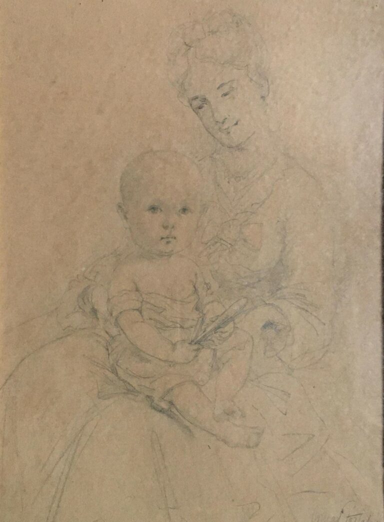 Conrad PORTALIS (XIXème siècle) - Femme à l'enfant - Dessin au crayon, signé en…