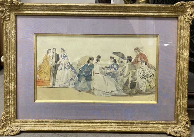 Dans le goût d'Eugène BOUDIN (1824-1898) - Femmes aux ombrelles en bord de mer…
