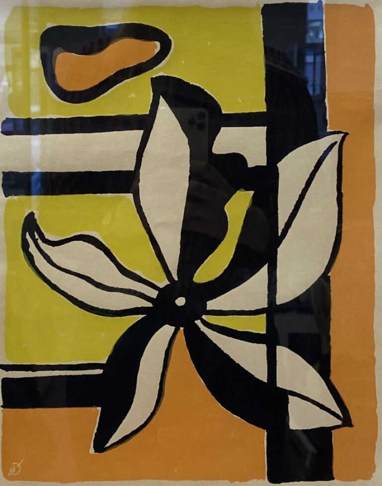 D'après Fernand LEGER. - Fleur sur fond jaune - Sérigraphie sur papier d'Arches…