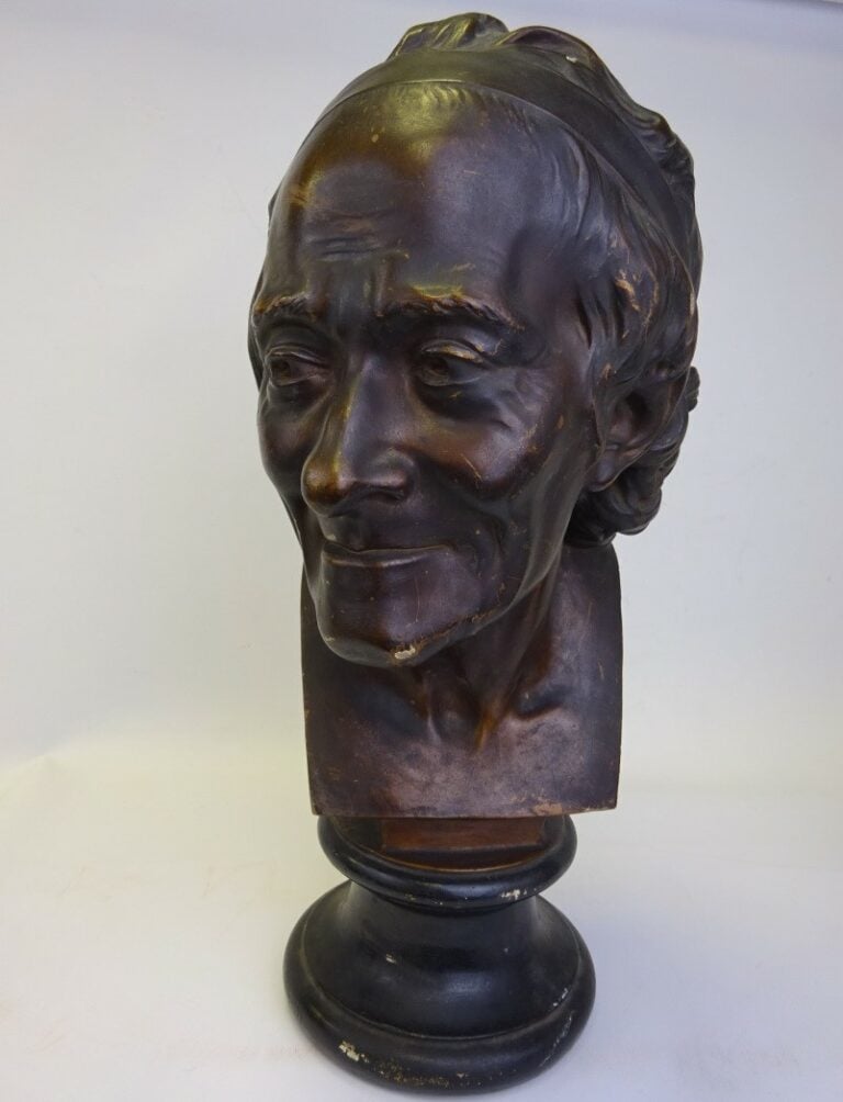 D'après HOUDON. - Buste de Voltaire - Epreuve en plâtre patiné à l'imitation du…