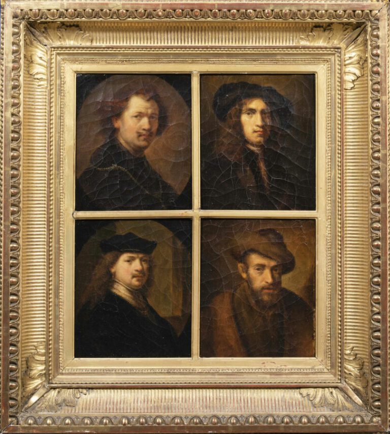 d'après REMBRANDT - Quatre autoportraits dans un cadre à compartiments - 42 x 3…
