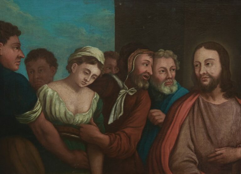D'après Titien. - Christ et la femme adultère - Huile sur toile marouflée sur p…