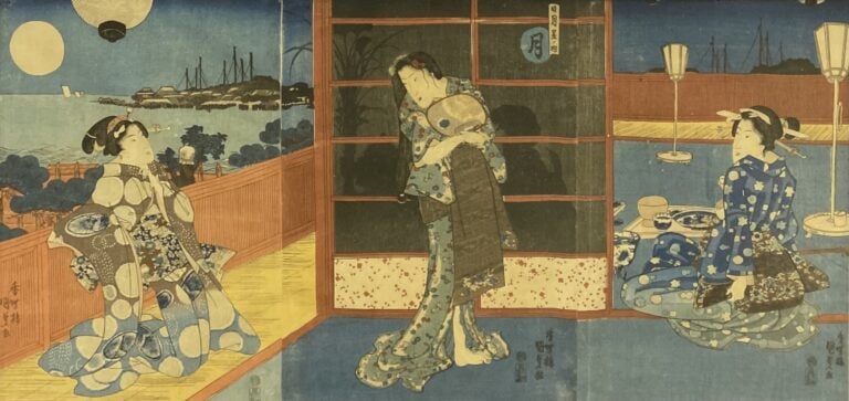 D'après UTAGAWA KUNISADA - Trois élégantes par une pleine lune - Triptyque d'ob…
