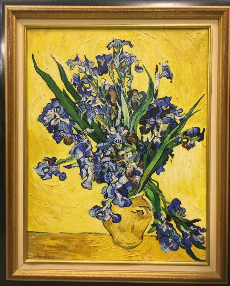D'après Vincent van Gogh. - Vase avec iris - Huie sur toile, signé en bas à gau…