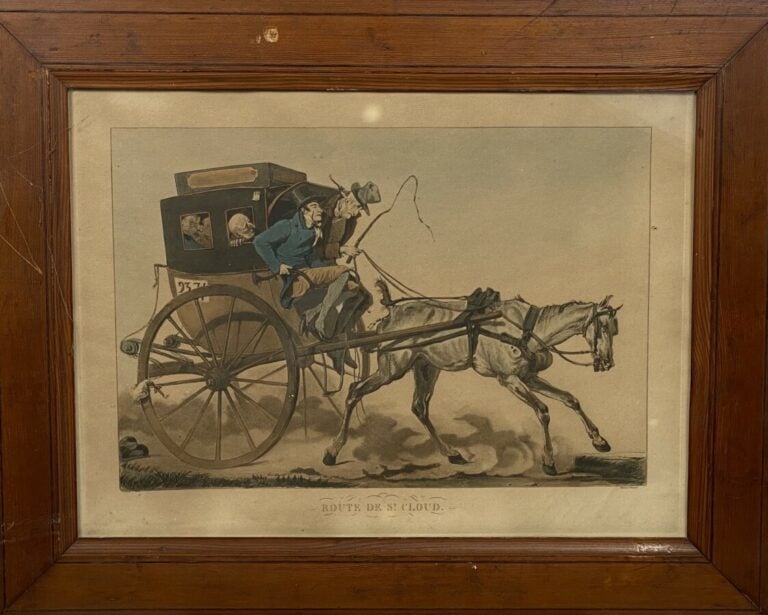 Deux gravures en couleurs "Route de Poissy" et "Route de Saint-Cloud" - 30 x 40…