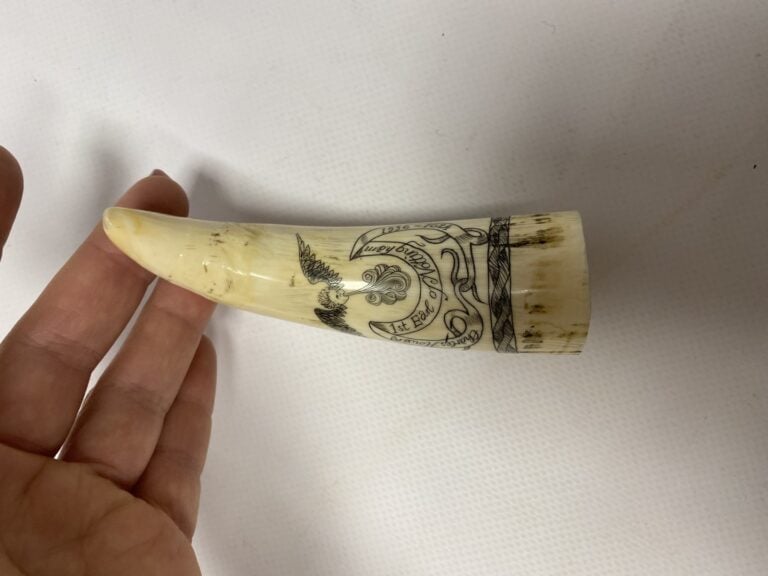Deux scrimshaws en dent de cachelot, à décor gravé pour l'un d'un portrait de C…