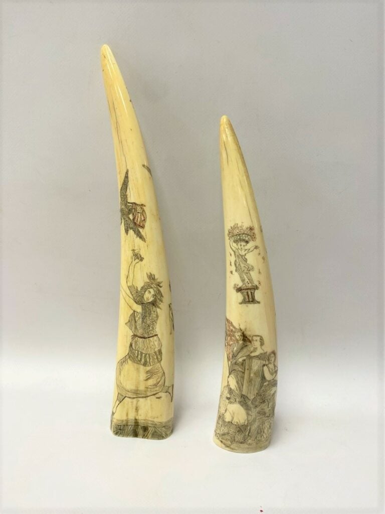 Deux scrimshaws en dent de morse, à thématique mêlant allégories matrimoniales…