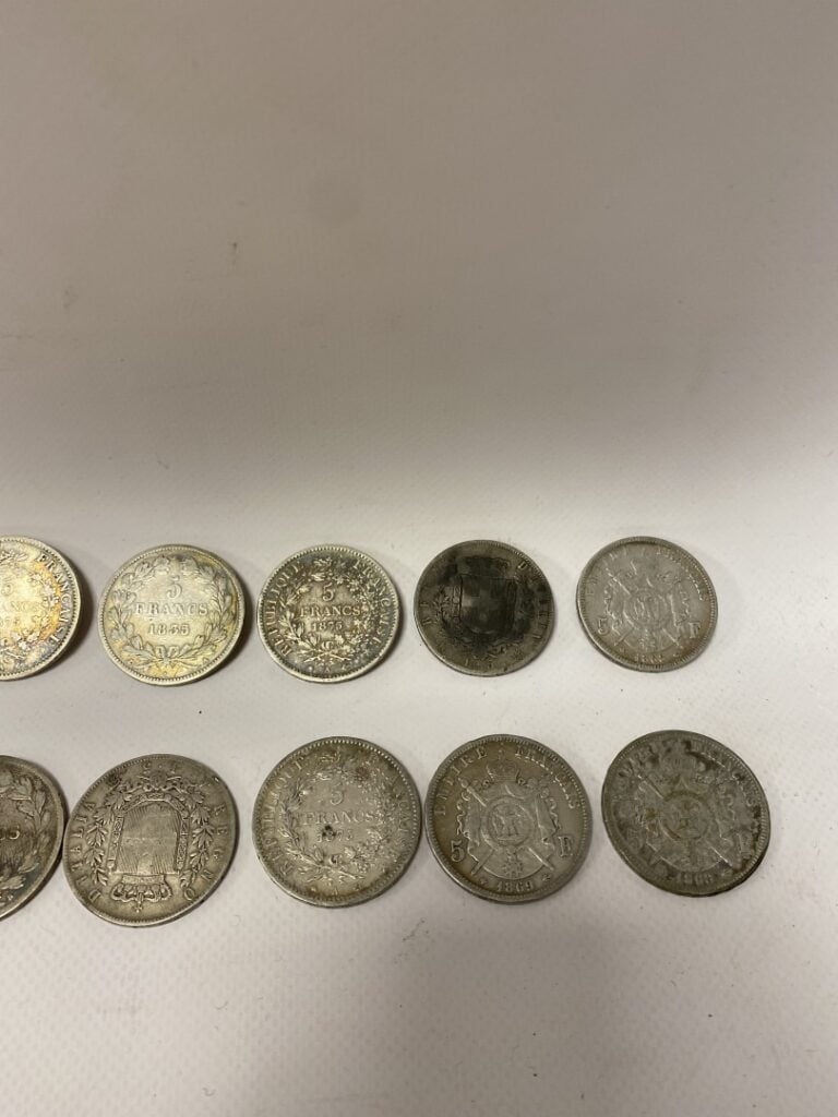 Dix pièces de cinq francs argent Second Empire, une pièce de cinq francs Louis-…