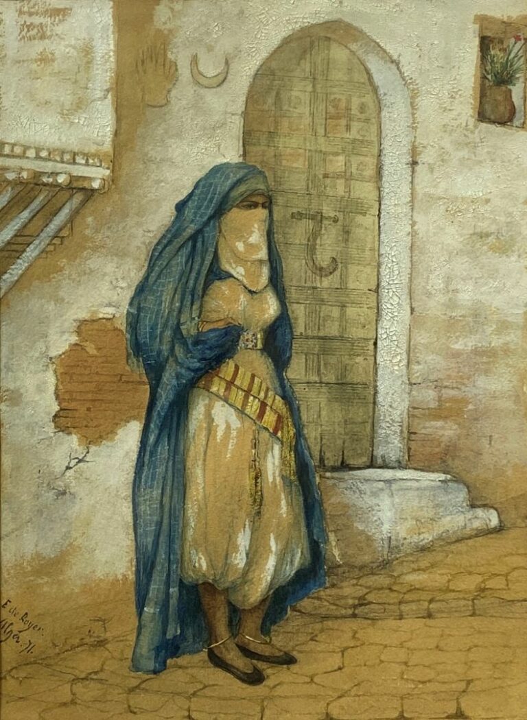 E. de ROYER (XXe) - Femme voilée devant une entrée de maison - Encre, aquarelle…