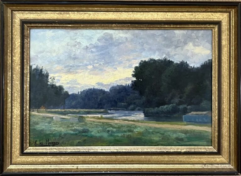 E. di MARZO - Paysage à la rivière - Huile sur toile, signée en bas à gauche -…