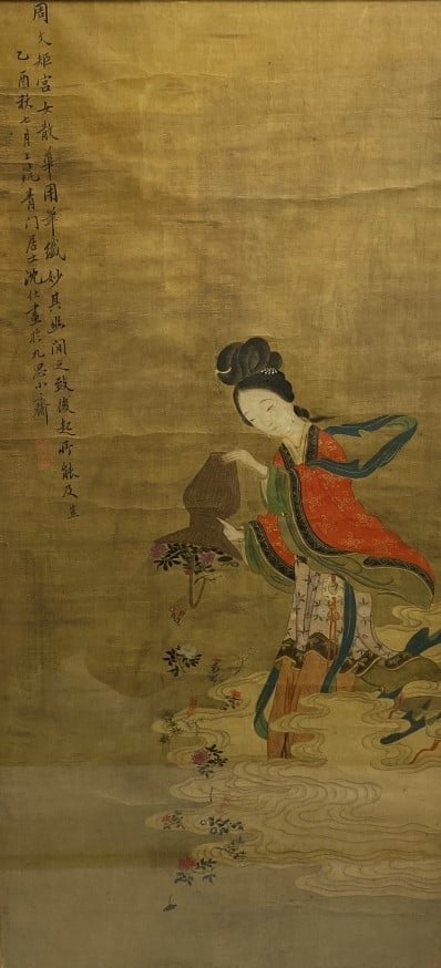 ECOLE CHINOISE - Chine, XIXe siècle - Encre et couleurs sur soie, rouleau verti…