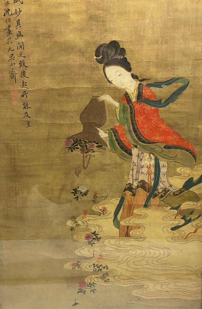 ECOLE CHINOISE - Chine, XIXe siècle - Encre et couleurs sur soie, rouleau verti…