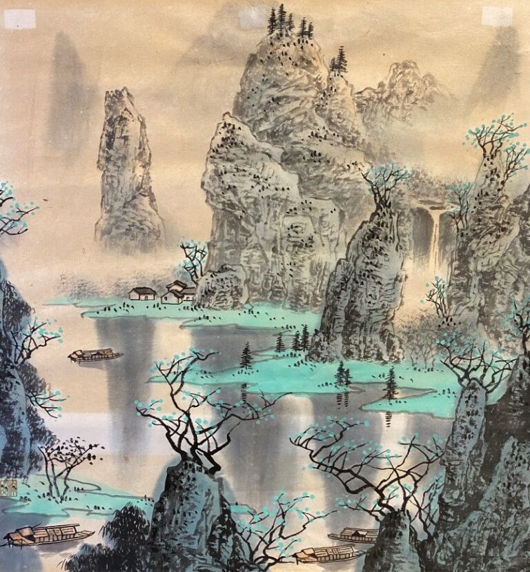 ECOLE CHINOISE - Paysage lacustre - Peinture et encre sur papier - cachet en ba…