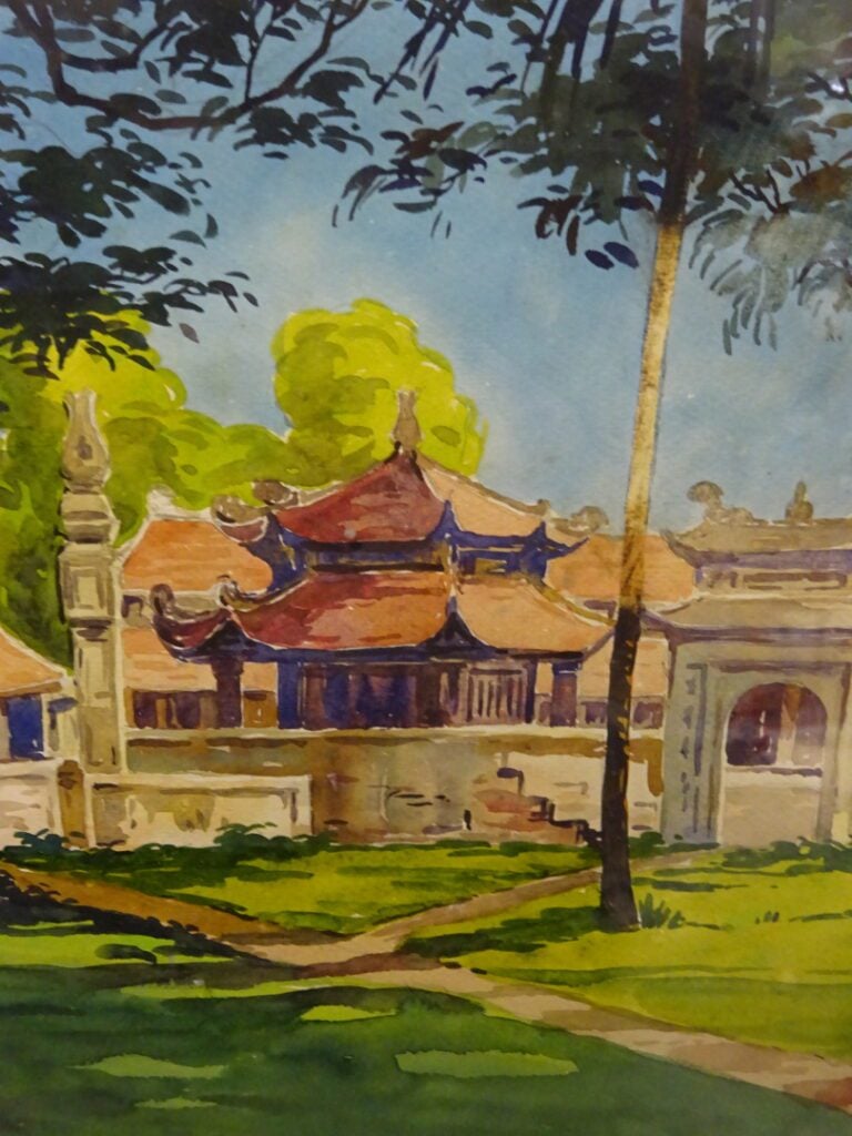 ÉCOLE CHINOISE - XXe siècle - Aquarelle sur papier, vue d'un temple à l'ombre d…