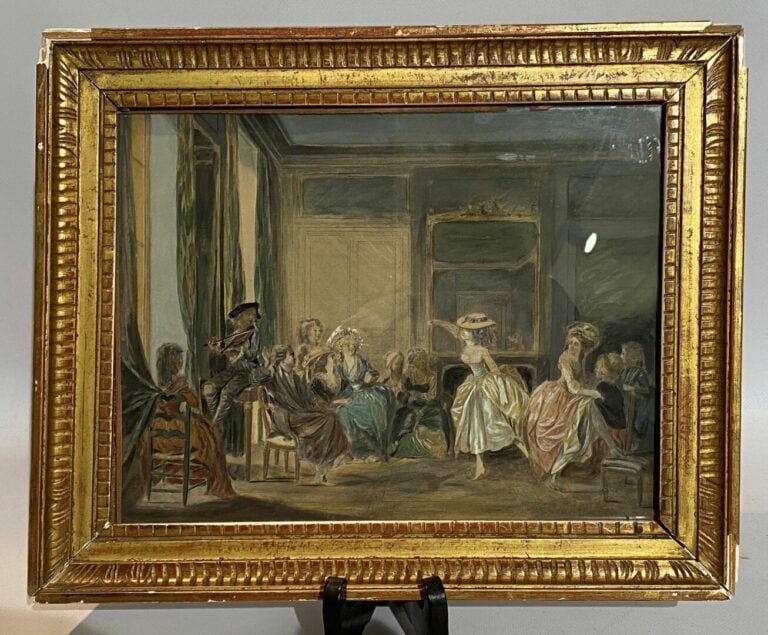 Ecole dans le goût du XVIIIe siècle - Scène d'intérieur - Aquarelle et rehauts…