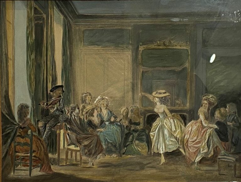 Ecole dans le goût du XVIIIe siècle - Scène d'intérieur - Aquarelle et rehauts…