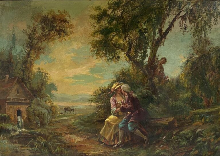 Ecole dans le goût du XVIIIe siècle - Scène galante - Huile sur toile - 47 x 65…