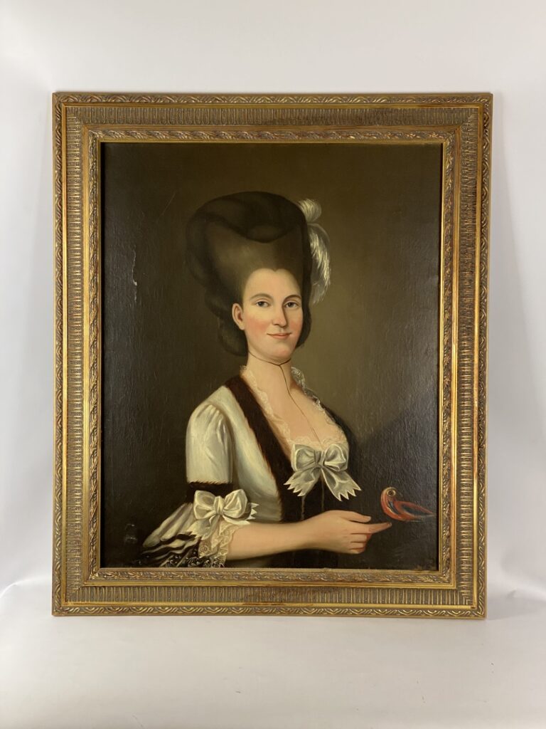 Ecole dans le goût du XVIIIème siècle - Portrait de femme à l'oiseau - Grande h…