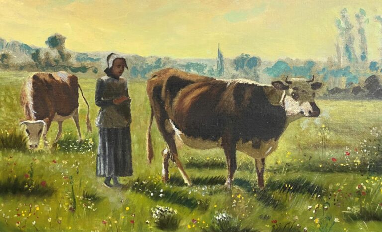 Ecole dans le goût naturaliste - Paysanne et vaches - Huile sur toile - 43 x 55…