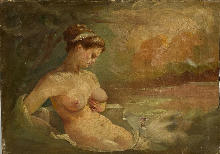 Ecole début du XXe siècle - Femme nue - Petite huile sur toile - 16 x 22,5 cm -…