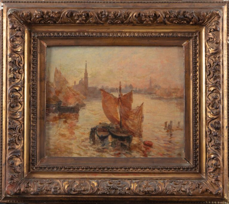 Ecole début XXe siècle - Venise, la lagune au crépuscule - Fine toile marouflée…