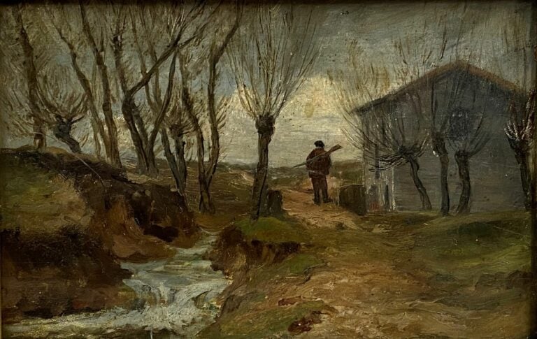 Ecole du début du XXe siècle - Le chasseur - Huile sur carton - Inscription man…