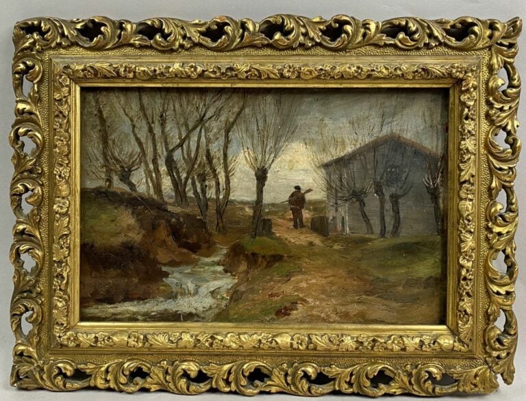 Ecole du début du XXe siècle - Le chasseur - Huile sur carton - Inscription man…