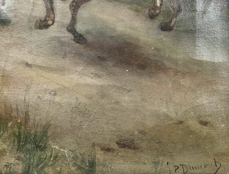 Ecole du début du XXe siècle - Scène animée avec brigand et cavalier - Huile su…