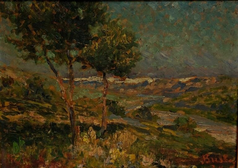 Ecole du début du XXe siècle - Vue de paysage - Huile sur panneau - Signature e…