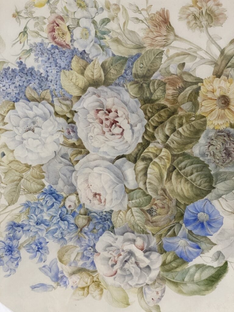 Ecole du début du XXème siècle - Bouquet de fleurs et papillon - Dessin au cray…