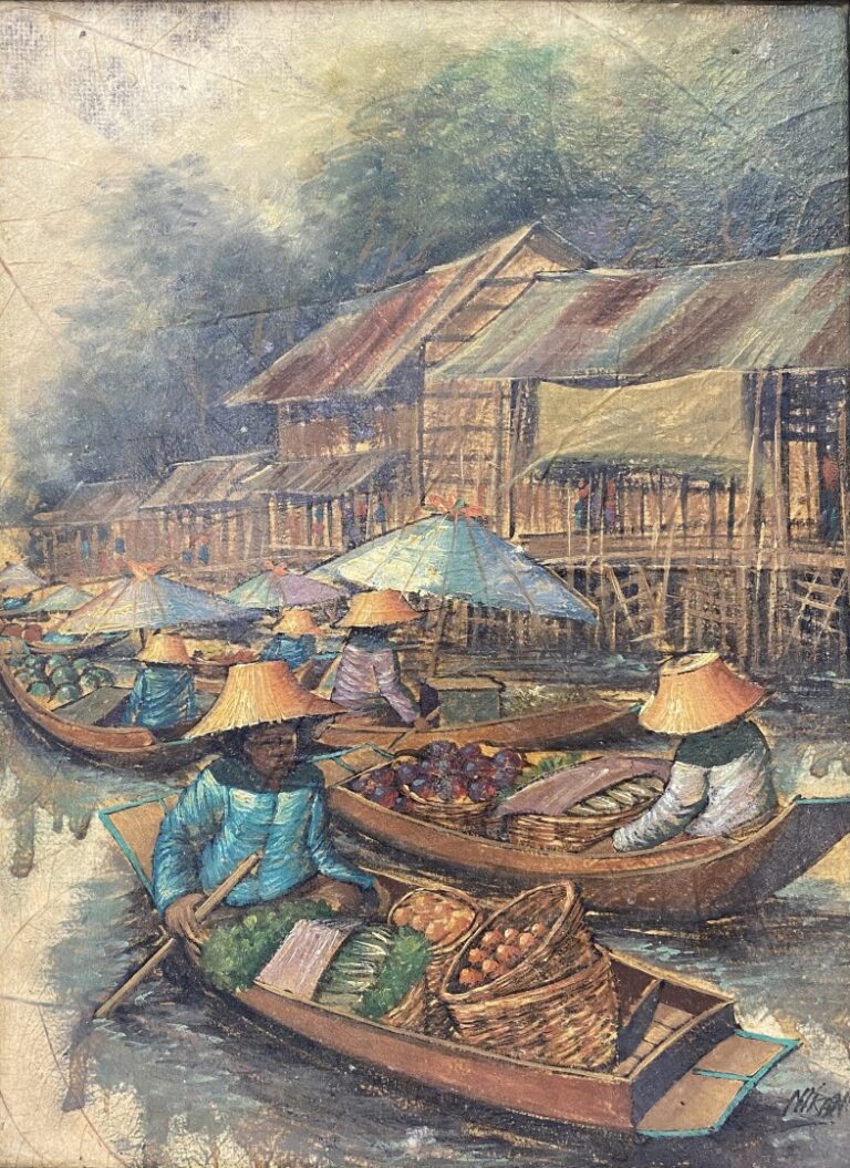 Ecole du sud-est asiatique - Marché flottant - Peinture sur panneau et feuilles…