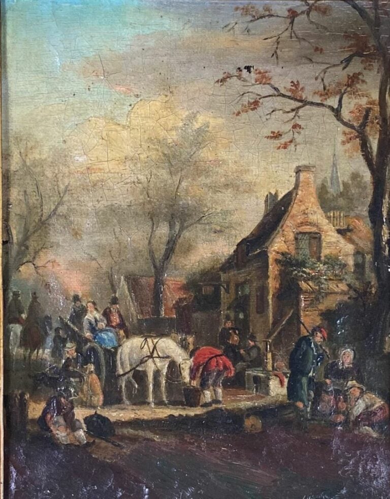 Ecole du XIXe siècle, dans le goût de Klaes MOLENAER - La halte des voyageurs -…