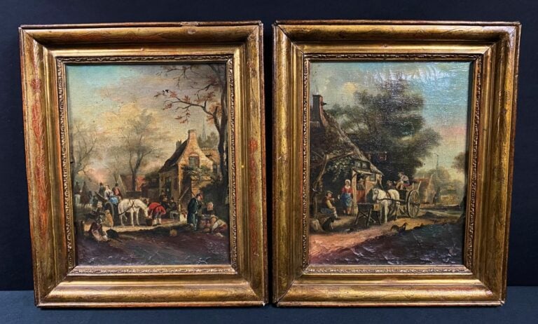 Ecole du XIXe siècle, dans le goût de Klaes MOLENAER - La halte des voyageurs -…