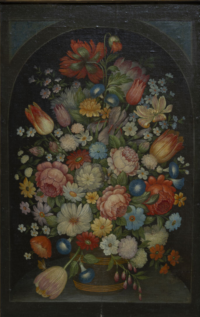 Ecole du XIXe siècle, dans le goût d'Isaac SOREAU - Bouquet de fleurs sur un en…