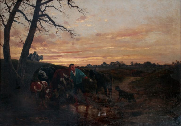 Ecole du XIXe siècle - Le retour du troupeau au coucher de soleil - Huile sur t…