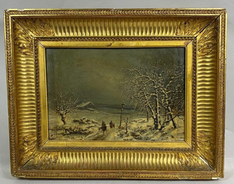 Ecole du XIXe siècle - Paysage enneigé - Huile sur toile - 22 x 31 cm