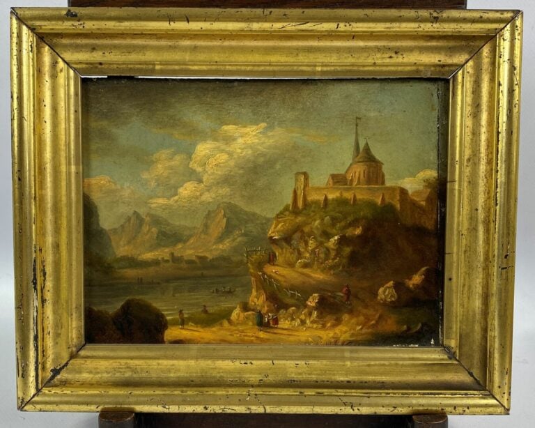 Ecole du XIXe siècle - Scène animée dans un village de montagne - Huile sur pan…