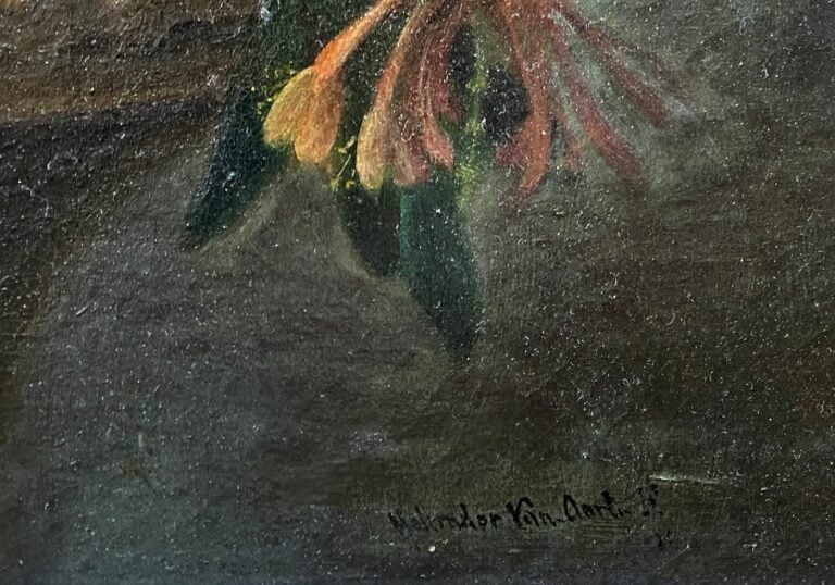 Ecole du XXe siècle - Bouquet de fleurs sur un entablement - Procédé sur toile…