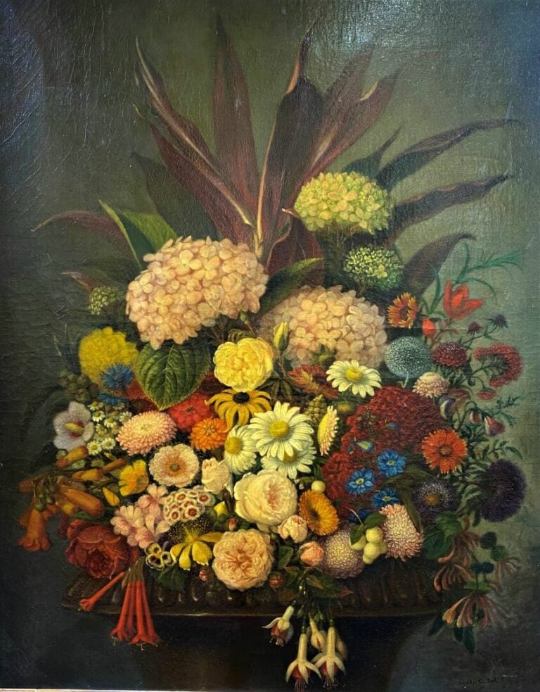Ecole du XXe siècle - Bouquet de fleurs sur un entablement - Procédé sur toile…
