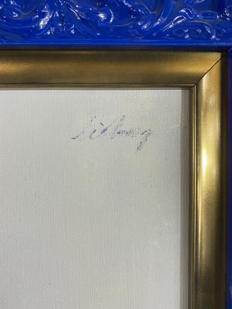 Ecole du XXe siècle - Femme de dos en bleu - Huile sur toile - Porte une signat…