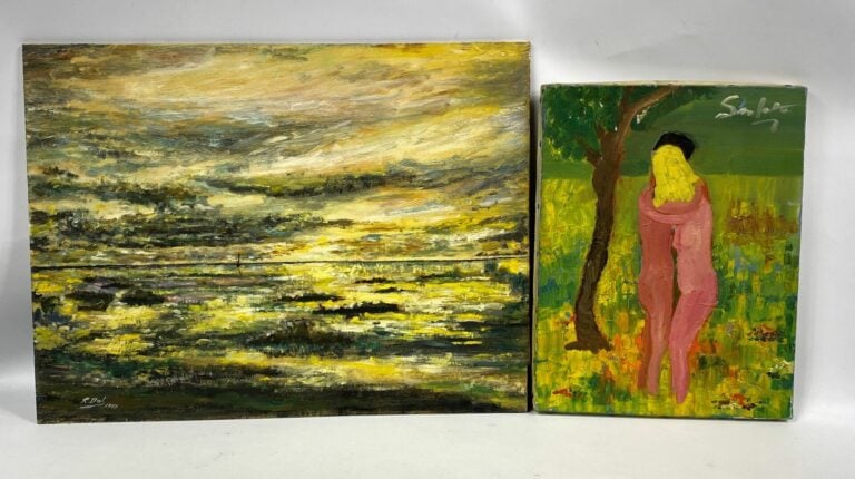 Ecole du XXe siècle - Huile sur panneau Paysage et huile sur toile Couple enlac…