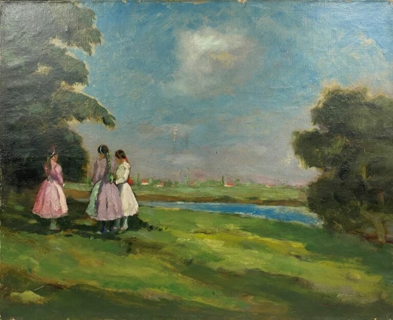 Ecole du XXe siècle - Jeunes filles près d'un lac - Huile sur toile - Signature…