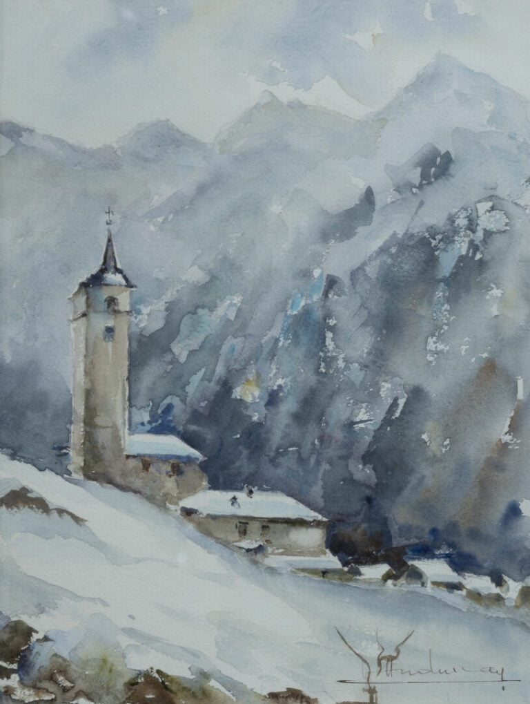 Ecole du XXe siècle - Paysage de neige avec église - Aquarelle sur papier, sign…