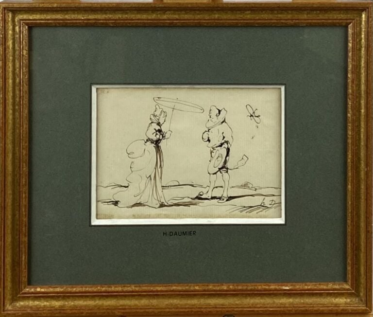 Ecole du XXe siècle - Scène galante - Dessin à l'encre brune et lavis - Porte u…