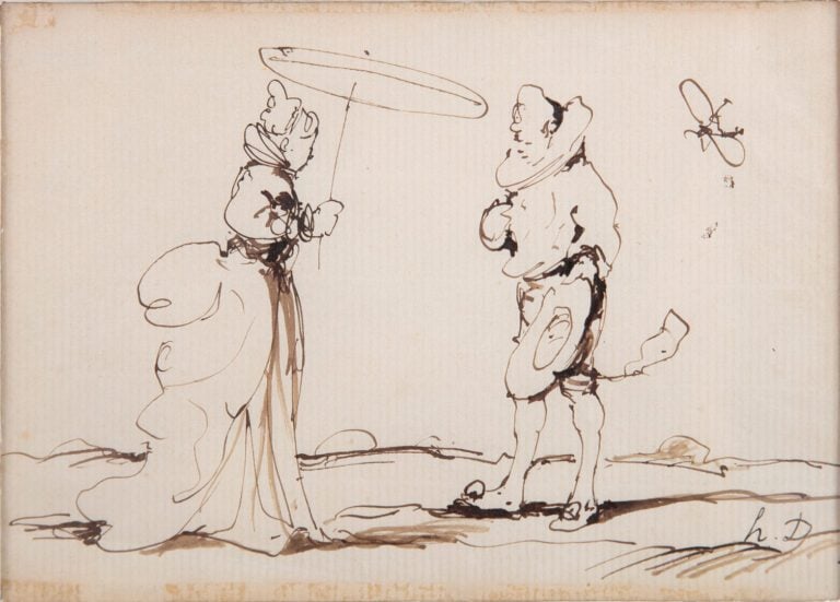 Ecole du XXe siècle - Scène galante - Dessin à l'encre brune et lavis - Porte u…