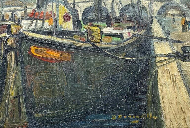 Ecole du XXe siècle - Voilier sur le fleuve - Huile sur toile - Signée en bas à…