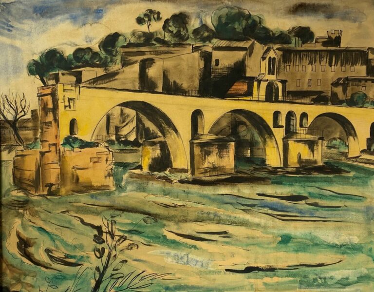 Ecole du XXe siècle - Vue du pont d'Avignon - Encre et aquarelle sur papier - D…