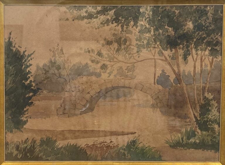 Ecole du XXe siècle - Vue d'un pont et vue d'un chemin en forêt - Deux aquarell…